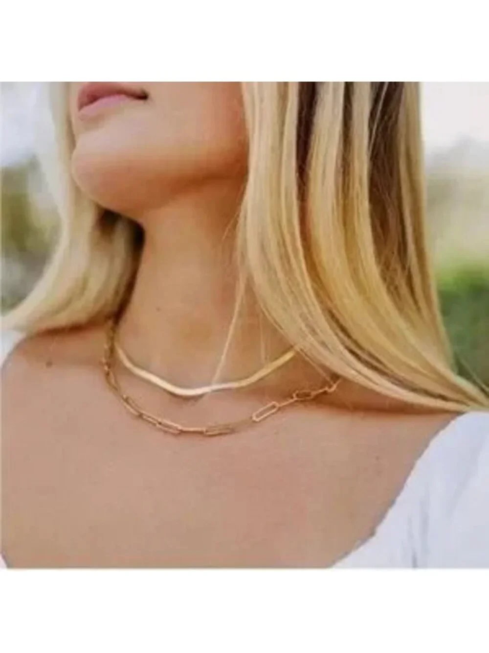 Gold 14k Gold Plated 2pc Snake Paperclip Necklace Set
